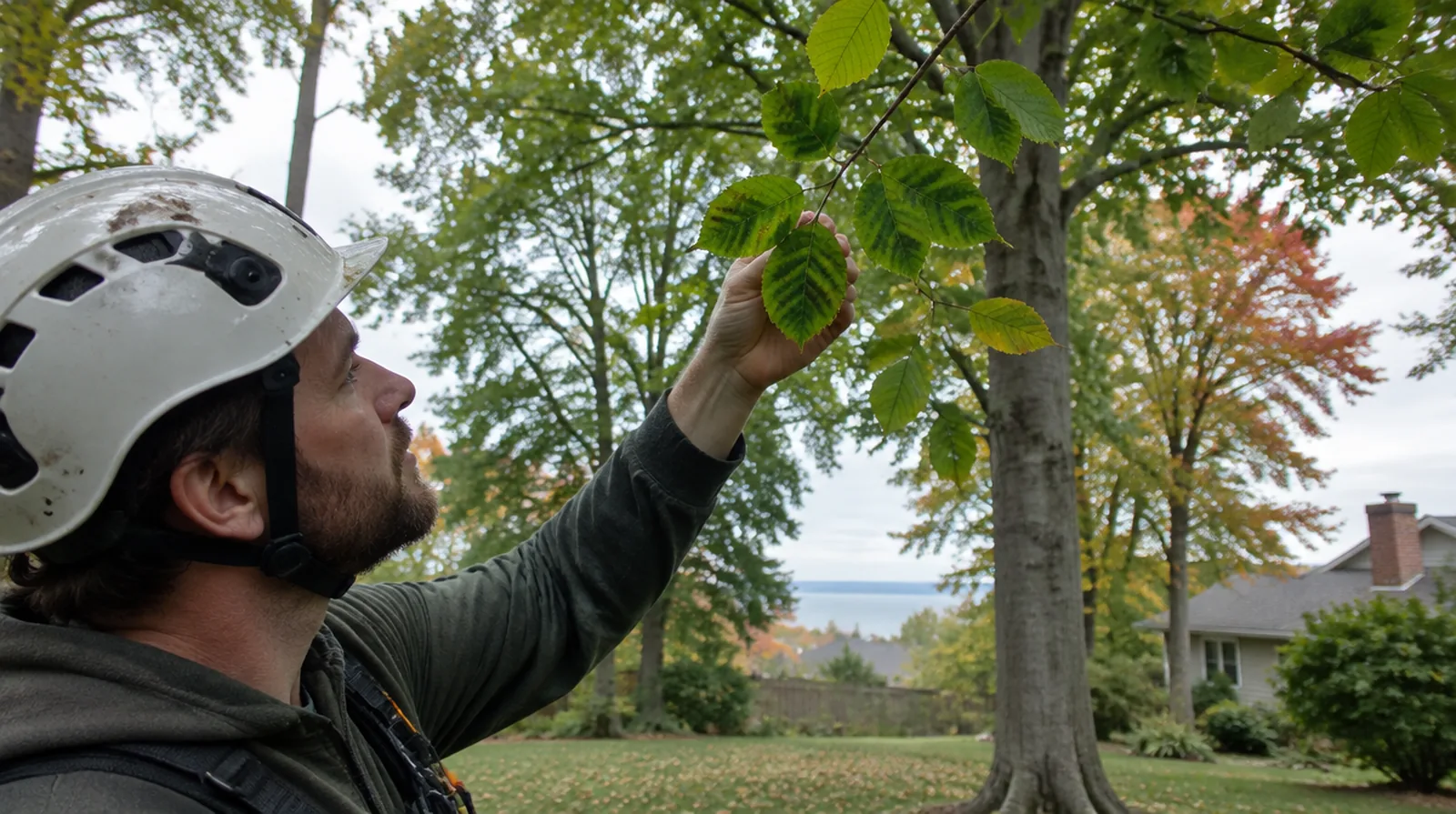 Arborist examining beech leaves for disease in Millcreek, PA