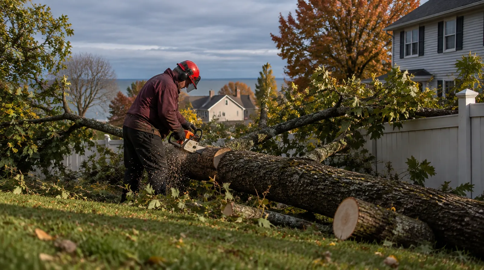 Crew clearing a storm-fallen tree in Millcreek, PA