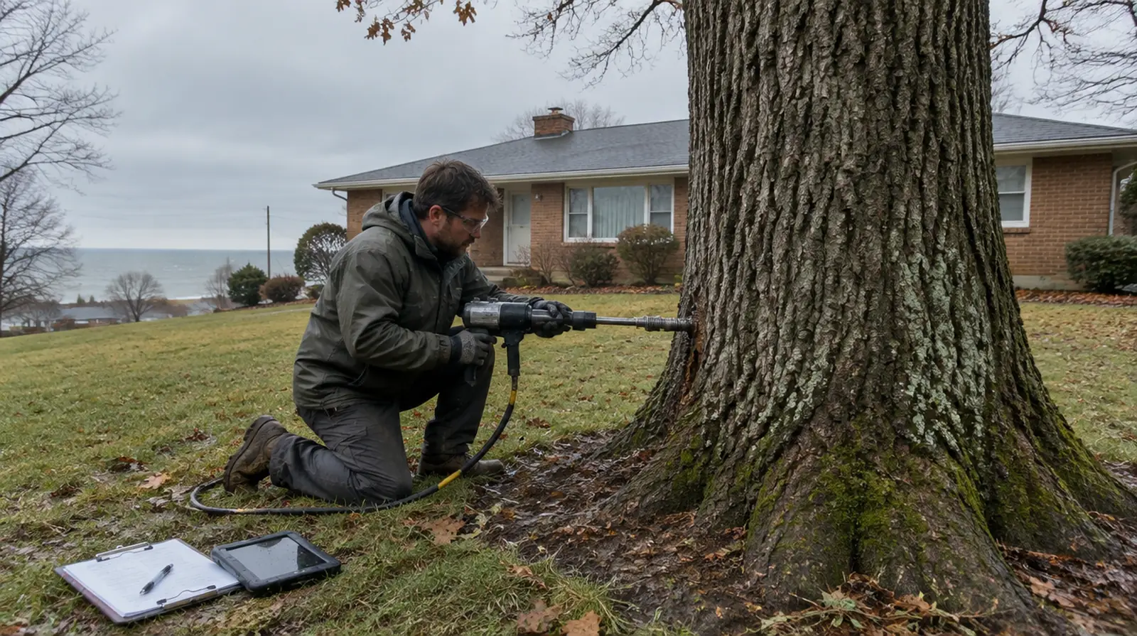 Arborist testing an old oak trunk for decay in Millcreek, PA