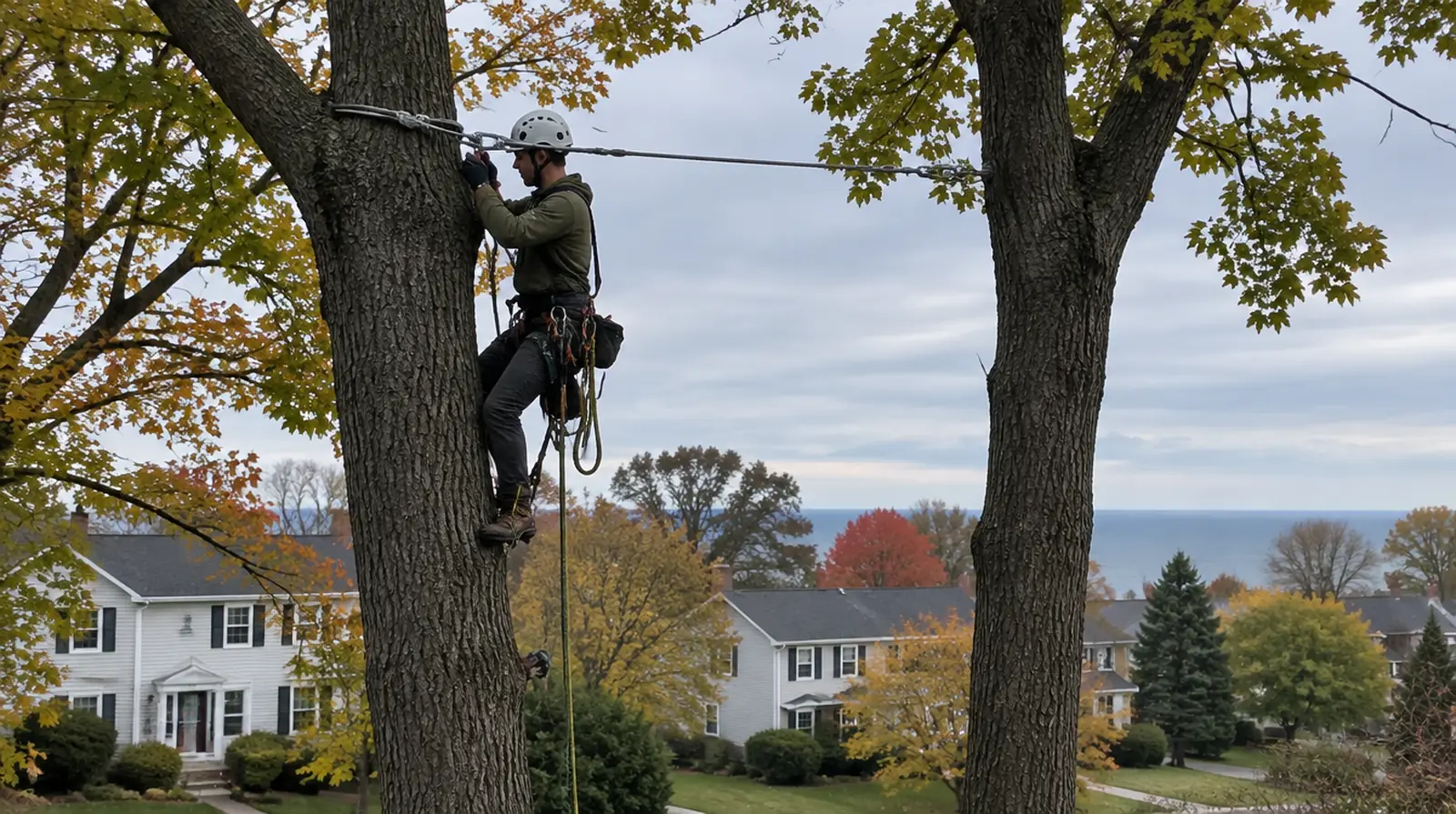 Arborist installing tree support cable in Millcreek, PA