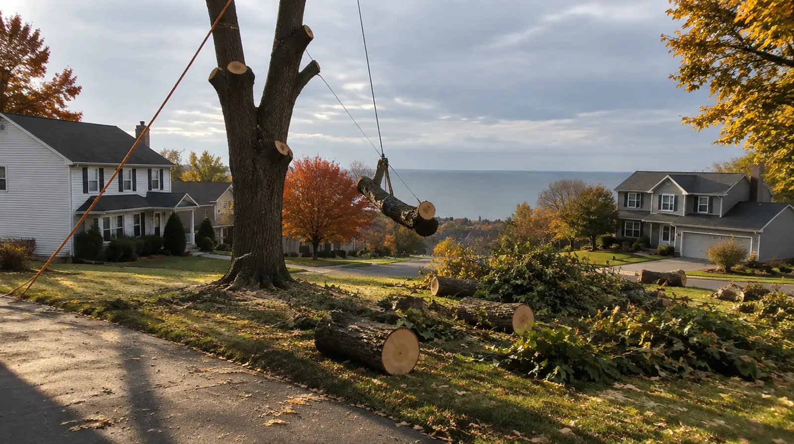 Tree being removed in sections in Millcreek, PA