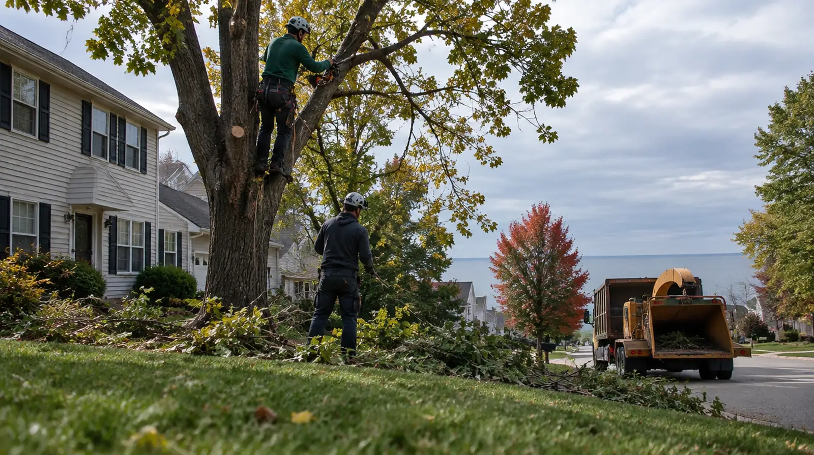 Tree service crew trimming a tree beside a home in Millcreek, PA