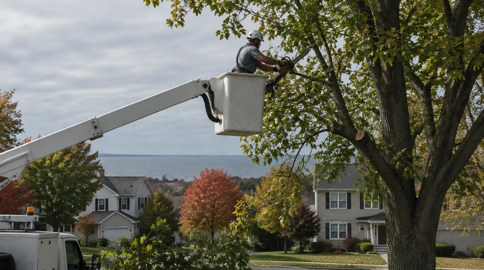 Arborist trimming tree branches from a bucket lift in Millcreek, PA